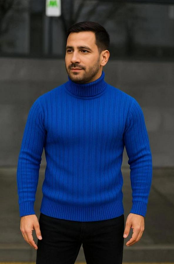 Balıkcı Yaka Bağazlı Triko Kazak Pamuklu Kalın Fitilli Dokuma, Regular Fit Uzun Kollu Kışlık Model