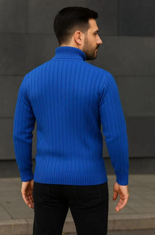 Balıkcı Yaka Bağazlı Triko Kazak Pamuklu Kalın Fitilli Dokuma, Regular Fit Uzun Kollu Kışlık Model