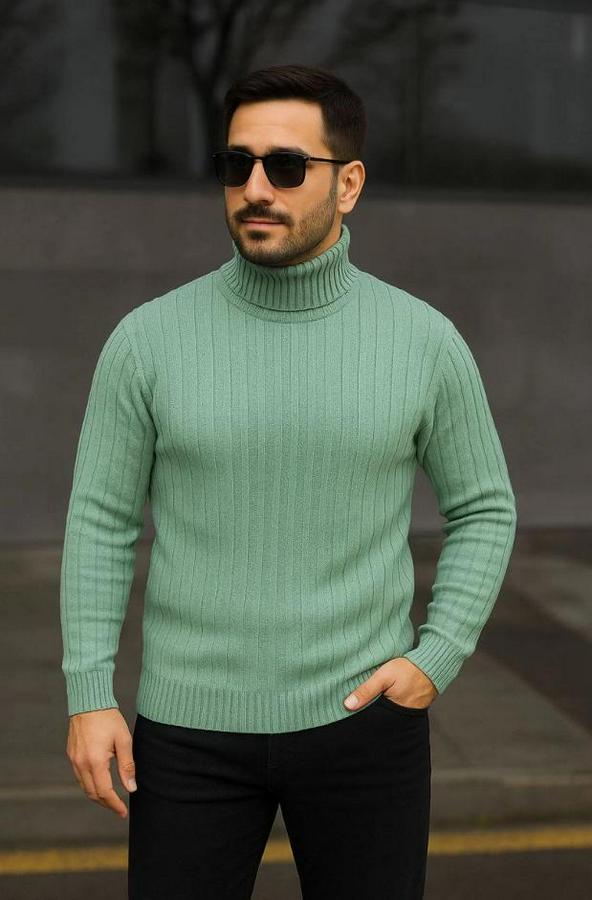 Balıkcı Yaka Bağazlı Triko Kazak Pamuklu Kalın Fitilli Dokuma, Regular Fit Uzun Kollu Kışlık Model