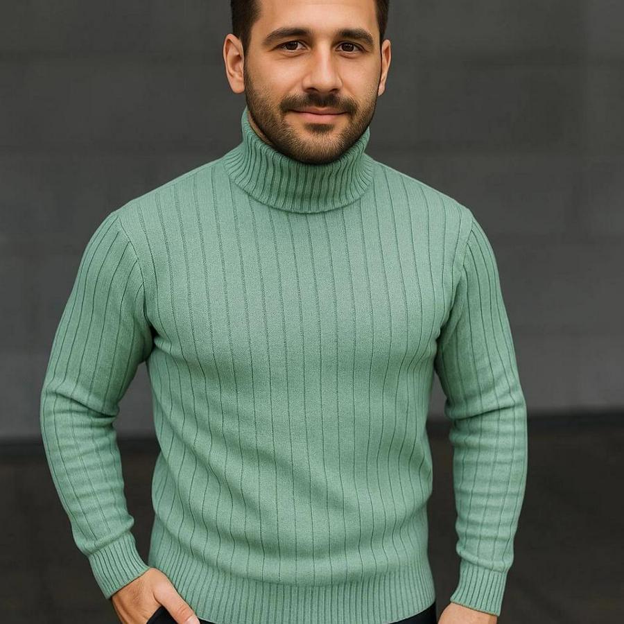 Balıkcı Yaka Bağazlı Triko Kazak Pamuklu Kalın Fitilli Dokuma, Regular Fit Uzun Kollu Kışlık Model