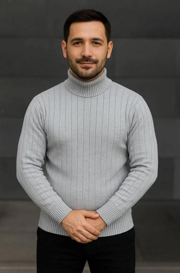 Balıkcı Yaka Bağazlı Triko Kazak Pamuklu Kalın Fitilli Dokuma, Regular Fit Uzun Kollu Kışlık Model