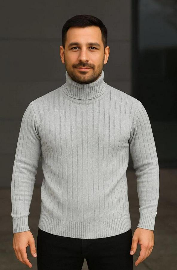 Balıkcı Yaka Bağazlı Triko Kazak Pamuklu Kalın Fitilli Dokuma, Regular Fit Uzun Kollu Kışlık Model