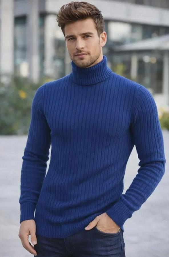 Balıkcı Yaka Bağazlı Triko Kazak Pamuklu Kalın Fitilli Dokuma, Regular Fit Uzun Kollu Kışlık Model