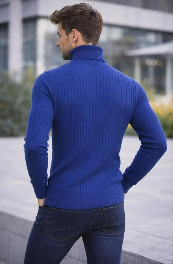 Balıkcı Yaka Bağazlı Triko Kazak Pamuklu Kalın Fitilli Dokuma, Regular Fit Uzun Kollu Kışlık Model