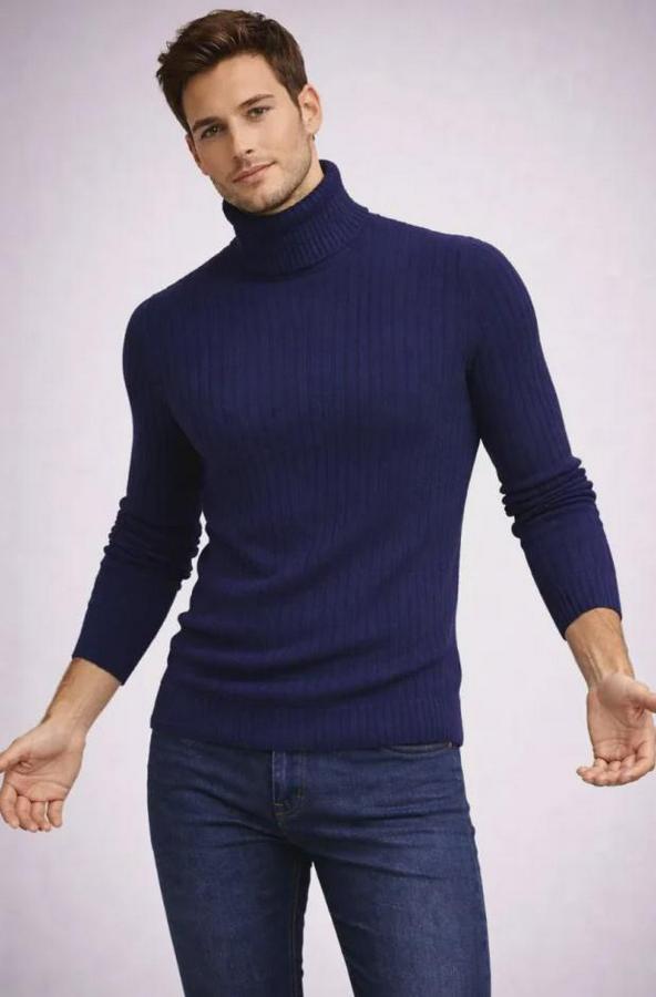 Balıkcı Yaka Bağazlı Triko Kazak Pamuklu Kalın Fitilli Dokuma, Regular Fit Uzun Kollu Kışlık Model