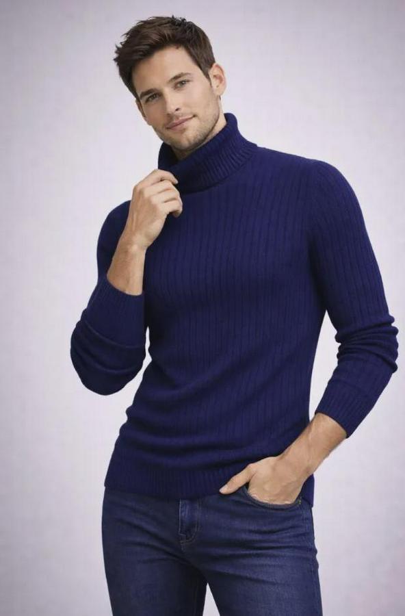 Balıkcı Yaka Bağazlı Triko Kazak Pamuklu Kalın Fitilli Dokuma, Regular Fit Uzun Kollu Kışlık Model