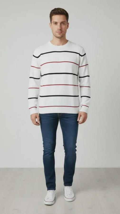 Bisiklet Yaka Cizgili Triko Kazak Yumuşak Dokulu Pamuklu Ince Dokuma, Uzun Kollu Rahat Regular Kalıp