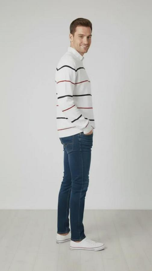 Bisiklet Yaka Cizgili Triko Kazak Yumuşak Dokulu Pamuklu Ince Dokuma, Uzun Kollu Rahat Regular Kalıp