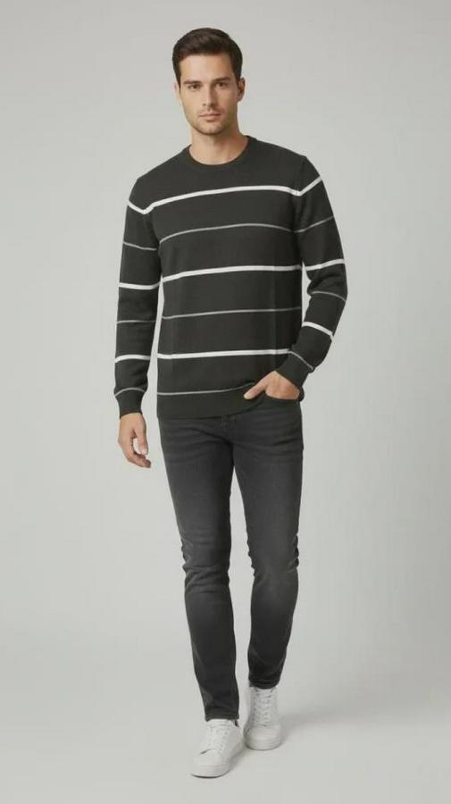 Bisiklet Yaka Cizgili Triko Kazak Yumuşak Dokulu Pamuklu Ince Dokuma, Uzun Kollu Rahat Regular Kalıp