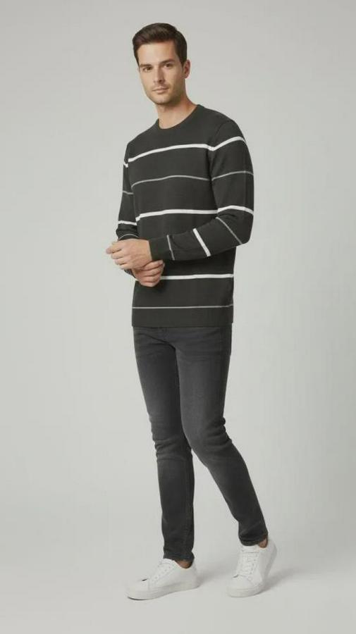 Bisiklet Yaka Cizgili Triko Kazak Yumuşak Dokulu Pamuklu Ince Dokuma, Uzun Kollu Rahat Regular Kalıp