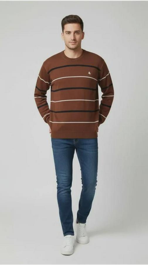 Bisiklet Yaka Cizgili Triko Kazak Yumuşak Dokulu Pamuklu Ince Dokuma, Uzun Kollu Rahat Regular Kalıp