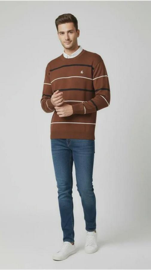 Bisiklet Yaka Cizgili Triko Kazak Yumuşak Dokulu Pamuklu Ince Dokuma, Uzun Kollu Rahat Regular Kalıp