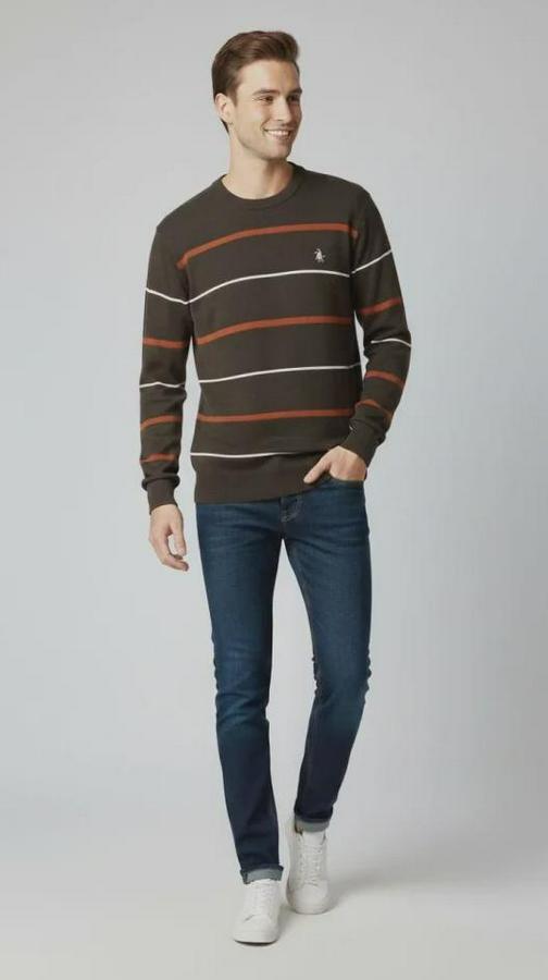 Bisiklet Yaka Cizgili Triko Kazak Yumuşak Dokulu Pamuklu Ince Dokuma, Uzun Kollu Rahat Regular Kalıp