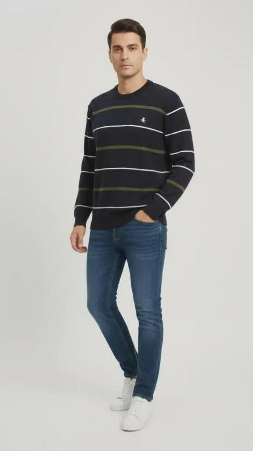 Bisiklet Yaka Cizgili Triko Kazak Yumuşak Dokulu Pamuklu Ince Dokuma, Uzun Kollu Rahat Regular Kalıp