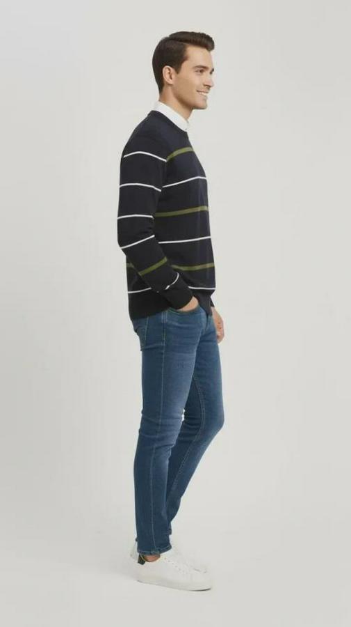 Bisiklet Yaka Cizgili Triko Kazak Yumuşak Dokulu Pamuklu Ince Dokuma, Uzun Kollu Rahat Regular Kalıp