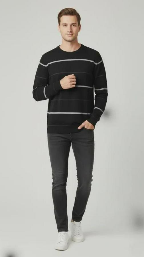 Bisiklet Yaka Cizgili Triko Kazak Yumuşak Dokulu Pamuklu Ince Dokuma, Uzun Kollu Rahat Regular Kalıp