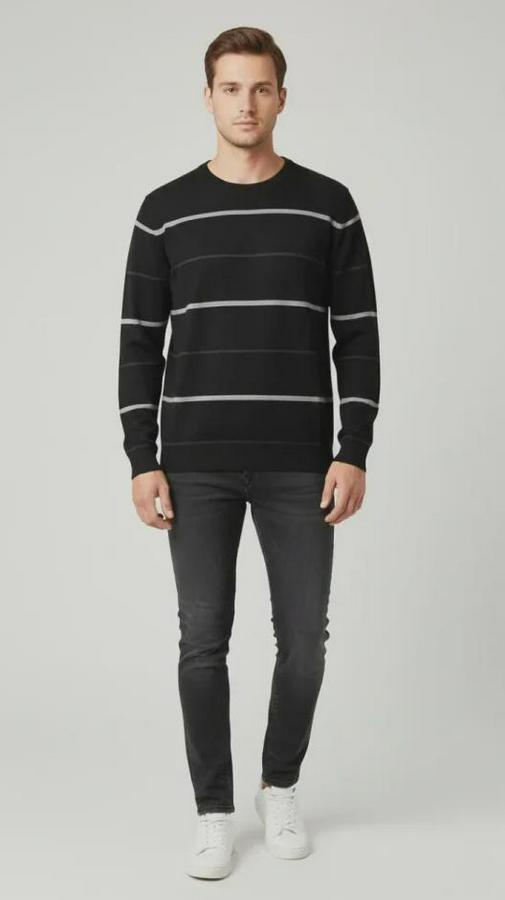 Bisiklet Yaka Cizgili Triko Kazak Yumuşak Dokulu Pamuklu Ince Dokuma, Uzun Kollu Rahat Regular Kalıp