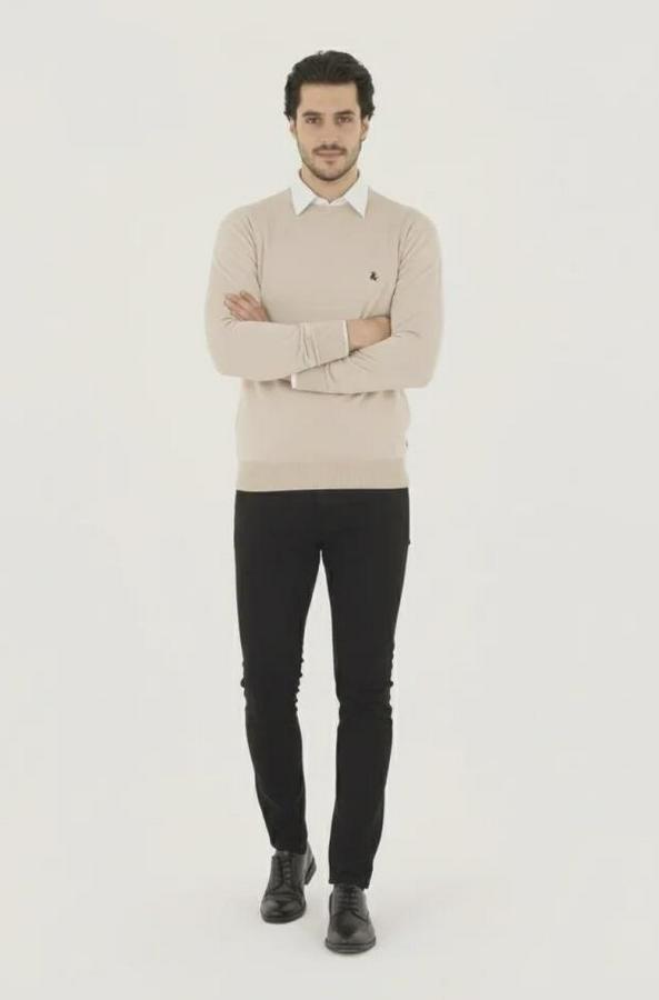 Bisiklet Yaka Nakış Işlemeli Triko Kazak Yumuşak Dokulu Pamuklu Ince Dokuma, Uzun Kollu Rahat Regular Kalıp