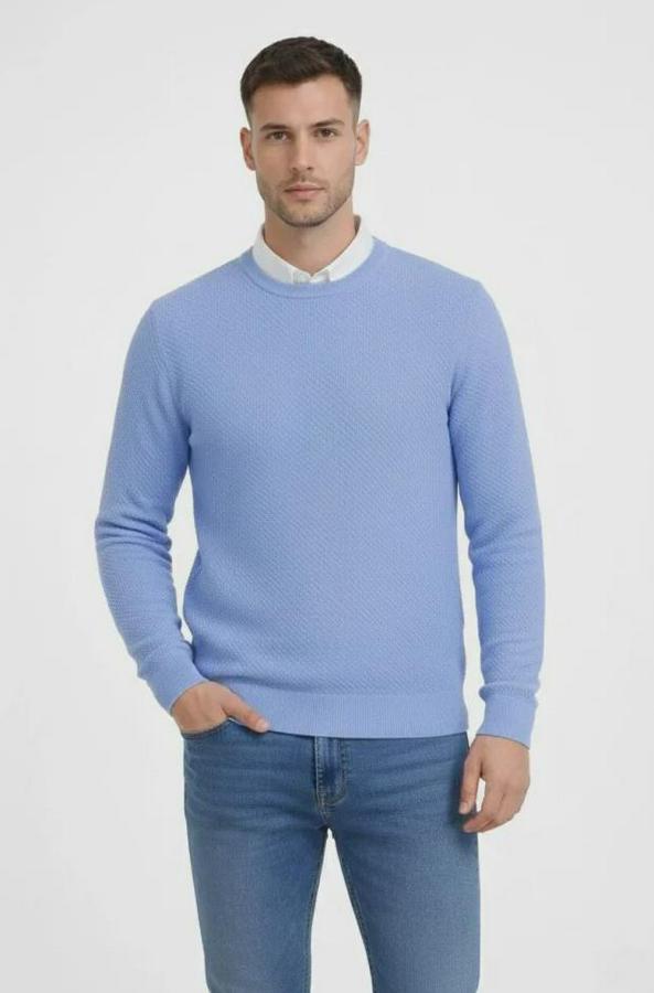 Bisiklet Yaka Petekli Dokulu Triko Kazak Pamuklu Ince Dokuma, Uzun Kollu Rahat Regular Kalıp