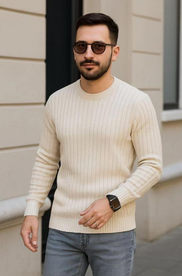 Bisiklet Yuvarlak Yaka Triko Kazak Pamuklu Kalın Fitilli Dokuma, Regular Fit Uzun Kollu Kışlık Model