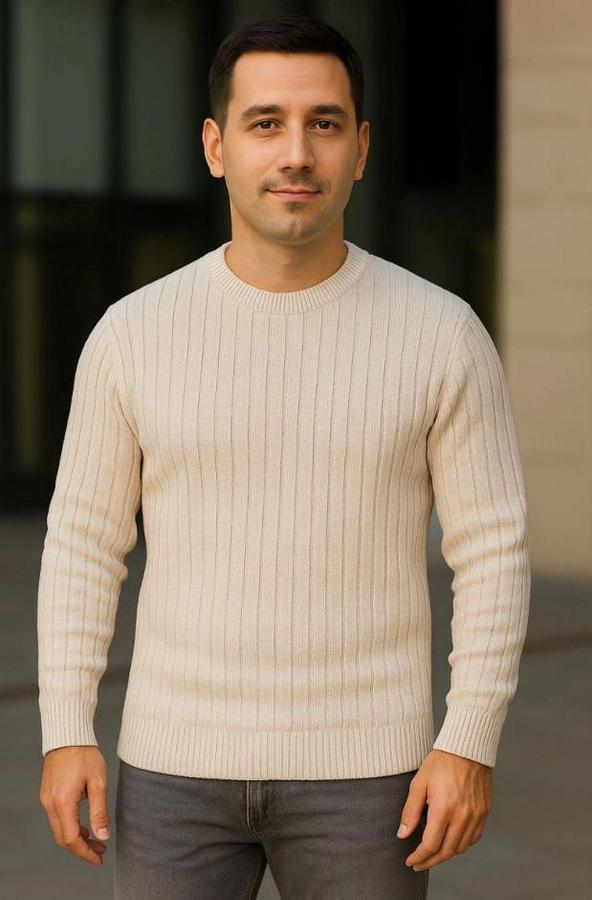 Bisiklet Yuvarlak Yaka Triko Kazak Pamuklu Kalın Fitilli Dokuma, Regular Fit Uzun Kollu Kışlık Model