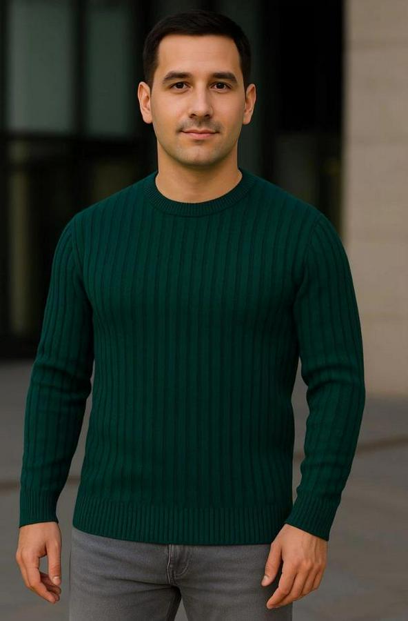 Bisiklet Yuvarlak Yaka Triko Kazak Pamuklu Kalın Fitilli Dokuma, Regular Fit Uzun Kollu Kışlık Model