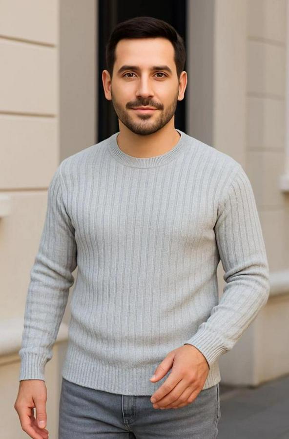 Bisiklet Yuvarlak Yaka Triko Kazak Pamuklu Kalın Fitilli Dokuma, Regular Fit Uzun Kollu Kışlık Model