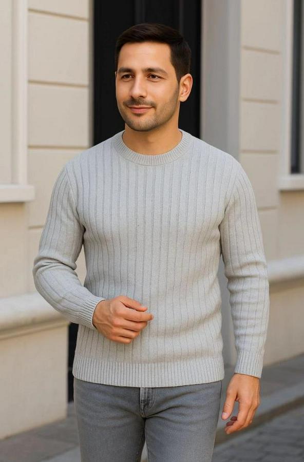 Bisiklet Yuvarlak Yaka Triko Kazak Pamuklu Kalın Fitilli Dokuma, Regular Fit Uzun Kollu Kışlık Model