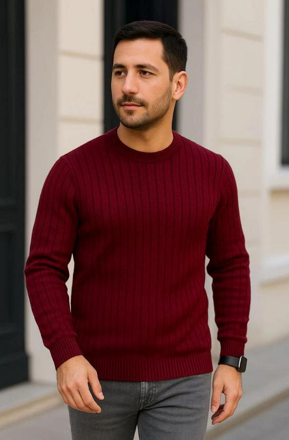 Bisiklet Yuvarlak Yaka Triko Kazak Pamuklu Kalın Fitilli Dokuma, Regular Fit Uzun Kollu Kışlık Model