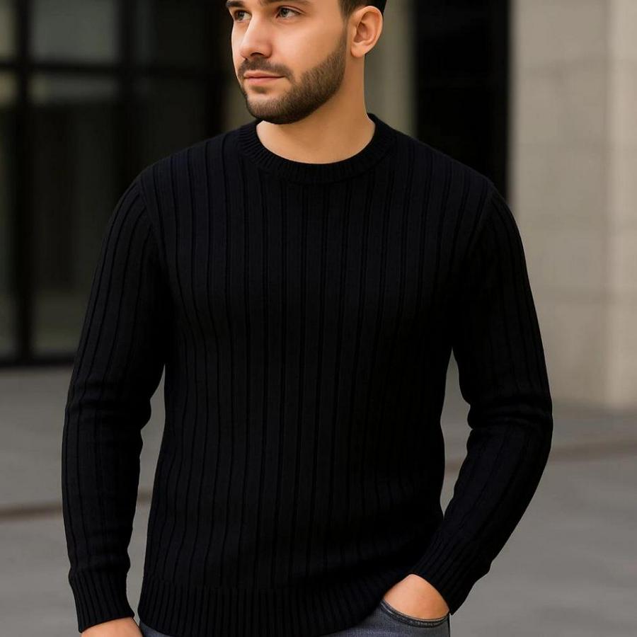 Bisiklet Yuvarlak Yaka Triko Kazak Pamuklu Kalın Fitilli Dokuma, Regular Fit Uzun Kollu Kışlık Model