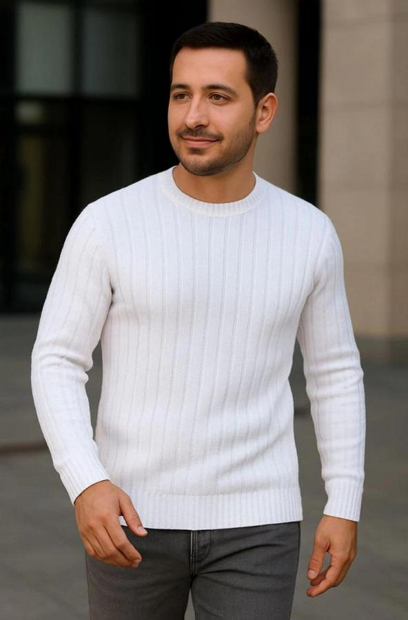 Bisiklet Yuvarlak Yaka Triko Kazak Pamuklu Kalın Fitilli Dokuma, Regular Fit Uzun Kollu Kışlık Model