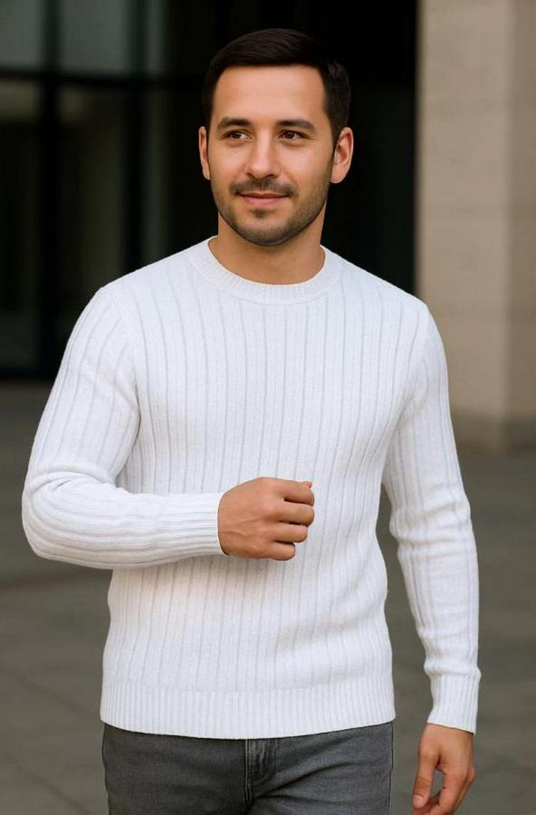 Bisiklet Yuvarlak Yaka Triko Kazak Pamuklu Kalın Fitilli Dokuma, Regular Fit Uzun Kollu Kışlık Model