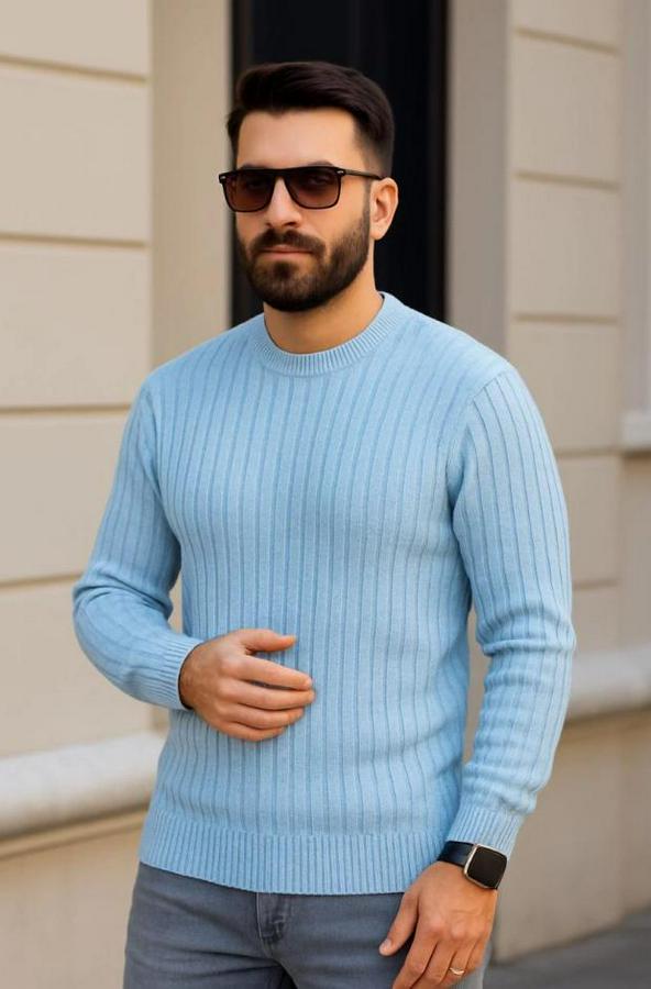 Bisiklet Yuvarlak Yaka Triko Kazak Pamuklu Kalın Fitilli Dokuma, Regular Fit Uzun Kollu Kışlık Model