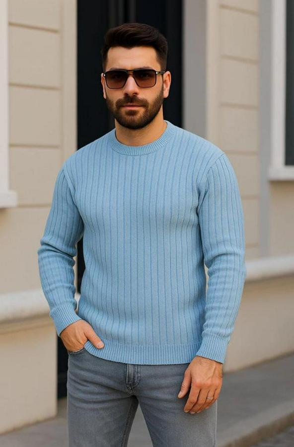 Bisiklet Yuvarlak Yaka Triko Kazak Pamuklu Kalın Fitilli Dokuma, Regular Fit Uzun Kollu Kışlık Model