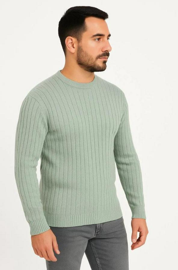 Bisiklet Yuvarlak Yaka Triko Kazak Pamuklu Kalın Fitilli Dokuma, Regular Fit Uzun Kollu Kışlık Model