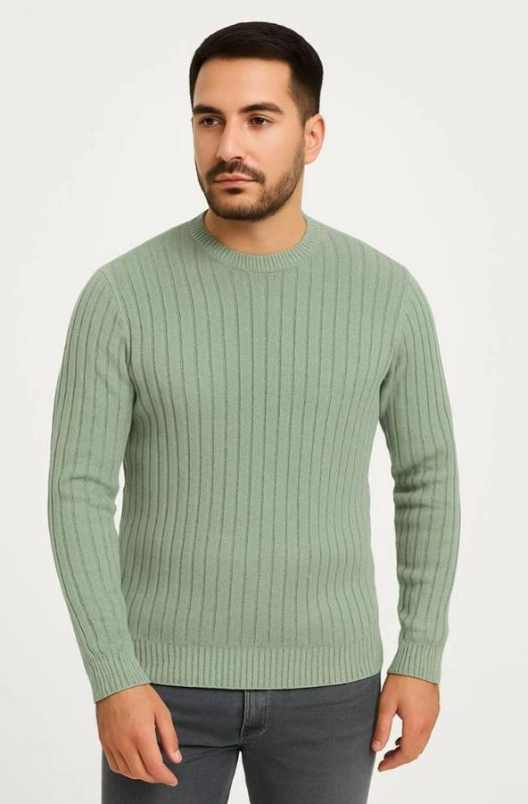 Bisiklet Yuvarlak Yaka Triko Kazak Pamuklu Kalın Fitilli Dokuma, Regular Fit Uzun Kollu Kışlık Model