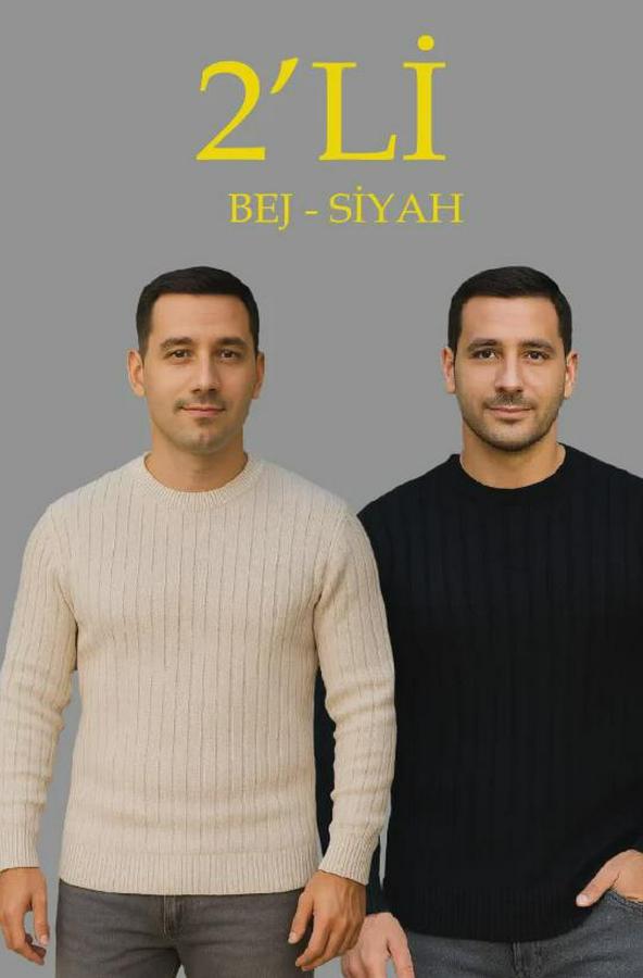 Fitilli Triko Kazak 2’li Set Bej Beyaz Kalın Dokuma Pamuklu Regular Fit Bisiklet