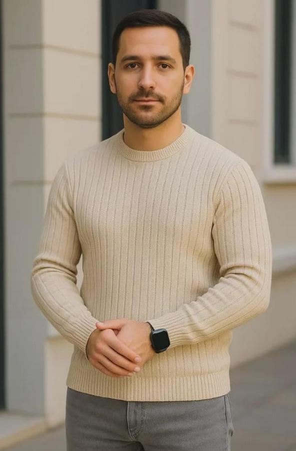 Fitilli Triko Kazak 2’li Set Bej Beyaz Kalın Dokuma Pamuklu Regular Fit Bisiklet