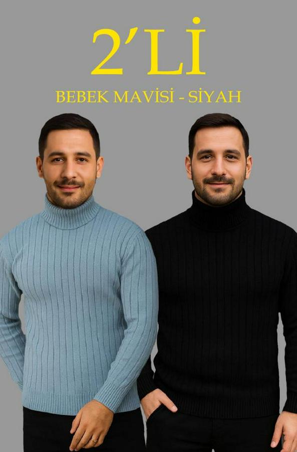 Fitilli Triko Kazak 2li Set Bebek Mavisi Siyah Regular Balıkcı Yaka Tam Boğazlı Triko Seti Modeli Kazak