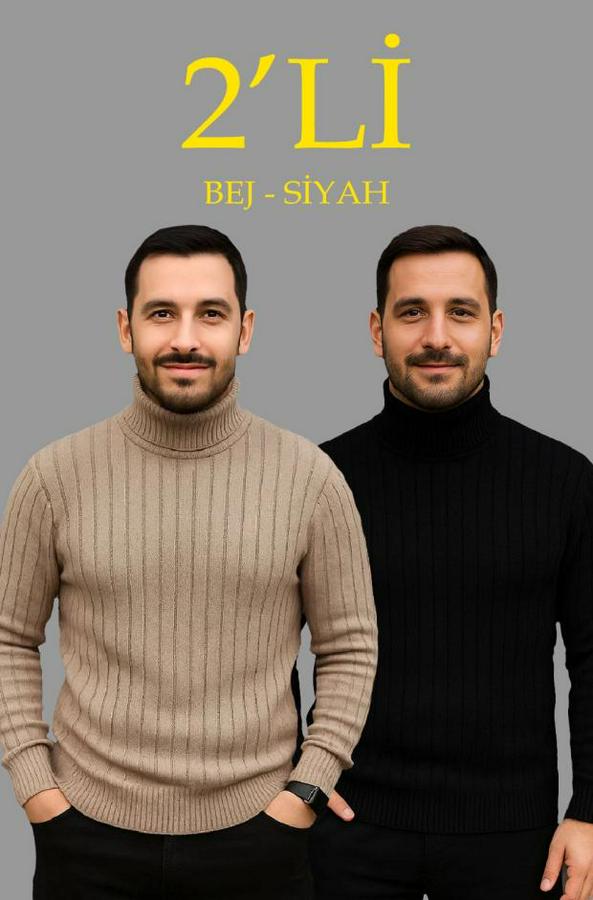 Fitilli Triko Kazak 2li Set Bej Siyah Regular Balıkcı Yaka Tam Boğazlı Triko Seti Modeli Kazak