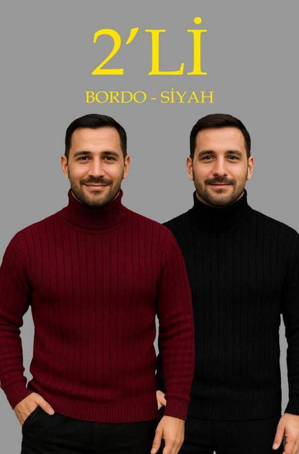 Fitilli Triko Kazak 2li Set Bordo Siyah Regular Balıkcı Yaka Tam Boğazlı Triko Seti Modeli Kazak