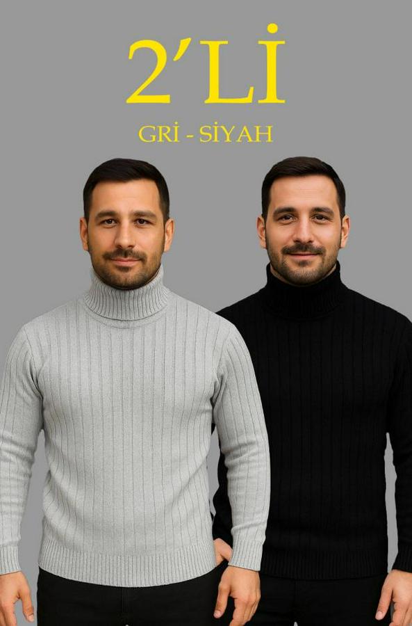 Fitilli Triko Kazak 2li Set Gri Siyah Regular Balıkcı Yaka Tam Boğazlı Triko Seti Modeli Kazak