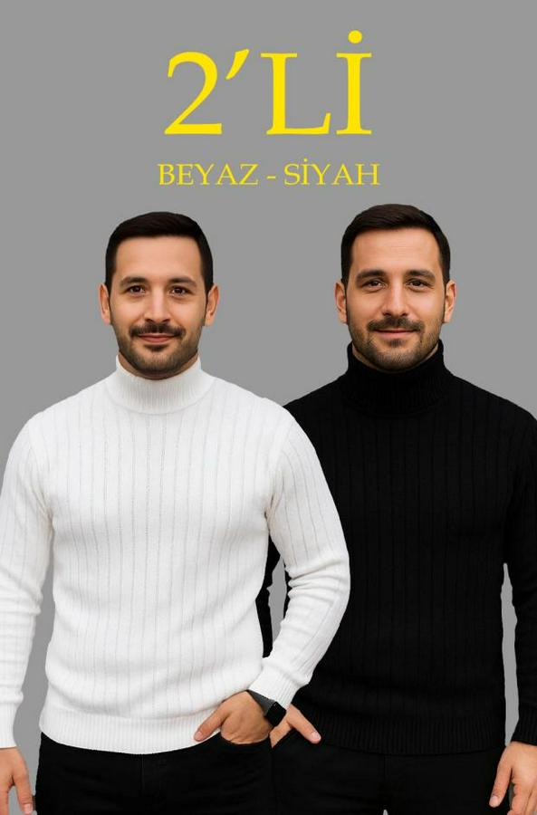 Fitilli Triko Kazak 2li Set Beyaz Siyah Regular Balıkcı Yaka Tam Boğazlı Triko Seti Modeli Kazak