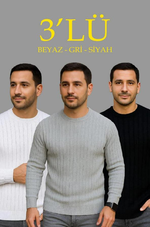Fitilli Triko Kazak 3’lü Set – Beyaz, Gri, Siyah  Kalın Dokuma Pamuklu Regular Fit Bisiklet Yaka Uzun Kollu Kışlık Ve Baharlık Rahat Triko Kombini