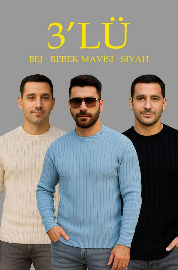 Fitilli Triko Kazak 3’lü Set – Bej, Bebek Mavisi, Siyah  Kalın Dokuma Pamuklu Regular Fit Bisiklet Yaka Uzun Kollu Kışlık Ve Baharlık Rahat Triko Komb