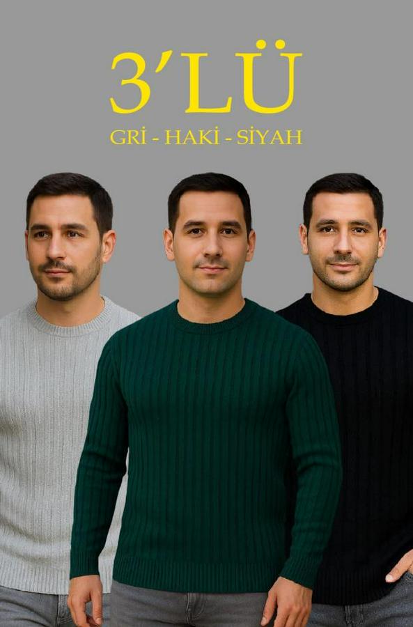 Fitilli Triko Kazak 3’lü Set – Gri, Haki, Siyah  Kalın Dokuma Pamuklu Regular Fit Bisiklet Yaka Uzun Kollu Kışlık Ve Baharlık Rahat Triko Kombini