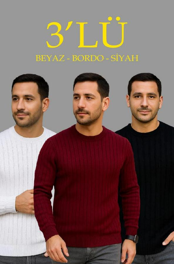 Fitilli Triko Kazak 3’lü Set – Beyaz, Bordo, Siyah  Kalın Dokuma Pamuklu Regular Fit Bisiklet Yaka Uzun Kollu Kışlık Ve Baharlık Rahat Triko Kombini