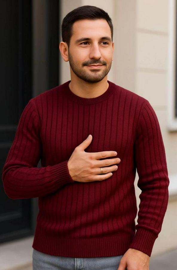 Fitilli Triko Kazak 3’lü Set – Beyaz, Bordo, Siyah  Kalın Dokuma Pamuklu Regular Fit Bisiklet Yaka Uzun Kollu Kışlık Ve Baharlık Rahat Triko Kombini