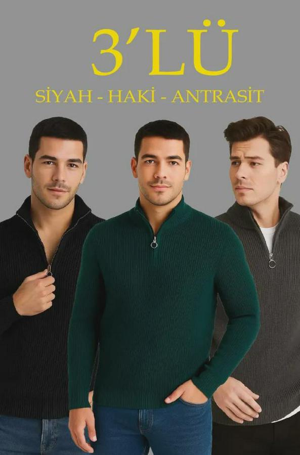 Fitilli Triko Kazak 3’lü Set – Haki, Siyah, Antrasit Kalın Dokuma Pamuklu Regular Fit V Yaka Fermuarlı Uzun Kollu Rahat Kışlık Kazak Kombini