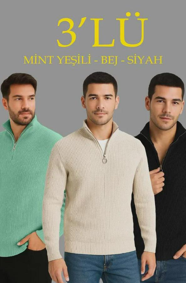 Fitilli Triko Kazak 3’lü Set – Mint Yeşili, Siyah, Bej Kalın Dokuma Pamuklu Regular Fit V Yaka Fermuarlı Uzun Kollu Rahat Kışlık Kazak Kombini